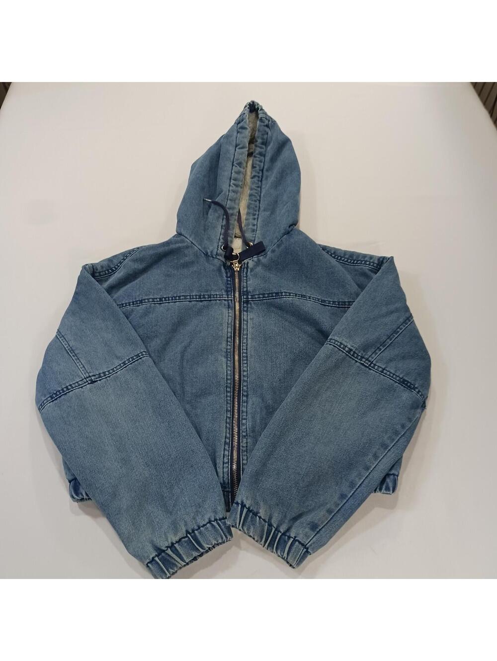 Ashley Vintage Charm Women’s Blue Denim Hoodie Jacket Cropped Sherpa Size M 90s